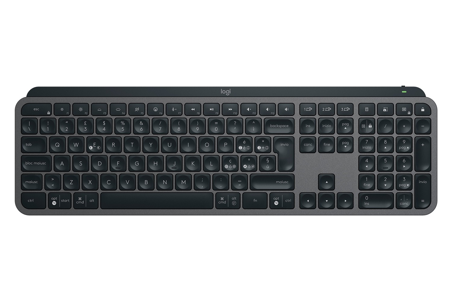 Tastiera Logitech MX Keys S graphite a basso profilo vista dall’alto, con layout italiano (tasti ò, à, ù, è) e tastierino numerico