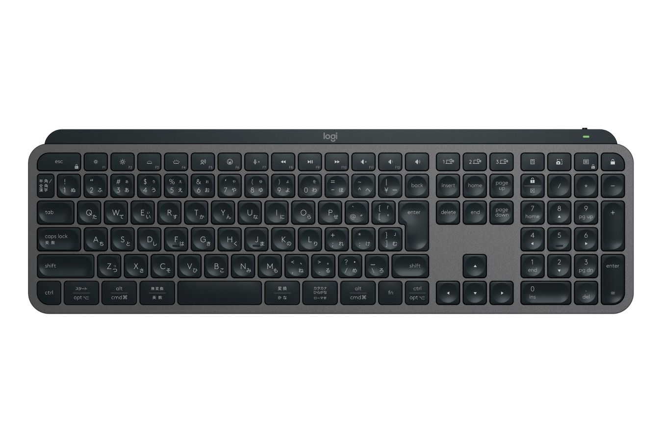 日本語配列のMX Keys S（グラファイト）を真上から写した製品写真。かな刻印のキーと半角/全角・無変換・変換キー、テンキー付き、白背景